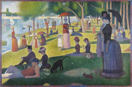 A Sunday on La Grande Jatte, people resting on a riverbank in pointillist dots