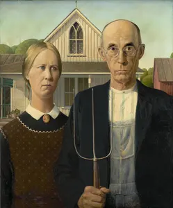 American Gothic, a farmer with a pitchfork beside a woman in front of a house