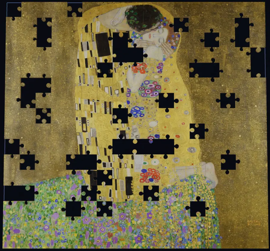 A 200-piece jigsaw of Klimt's The Kiss mid-solve, with the missing pieces showing as dark cut-outs
