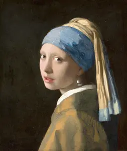 Girl with a Pearl Earring, a portrait with a blue and yellow turban
