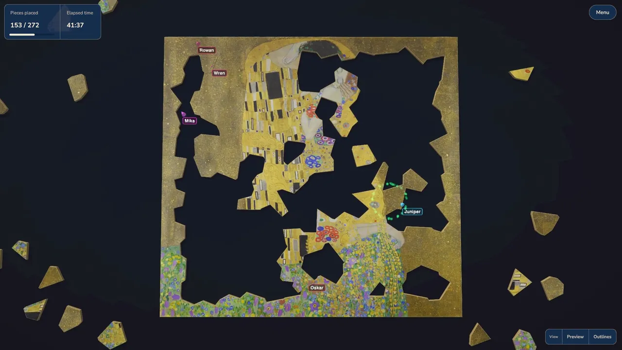 Friends solving The Kiss by Gustav Klimt together, each cursor labelled with a name